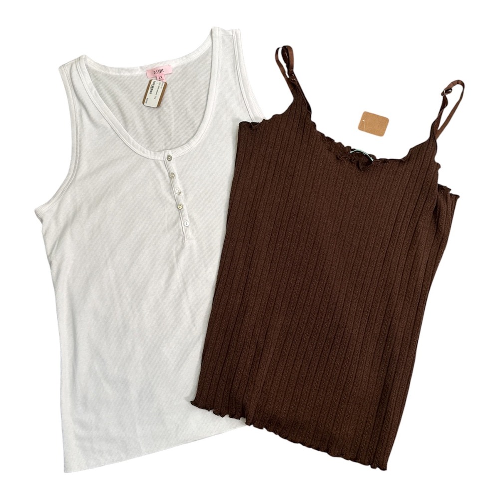 PS Love & PS Kate Womens 2X Ribbed Tank Top Camisole Lot White Brown Henley NWT